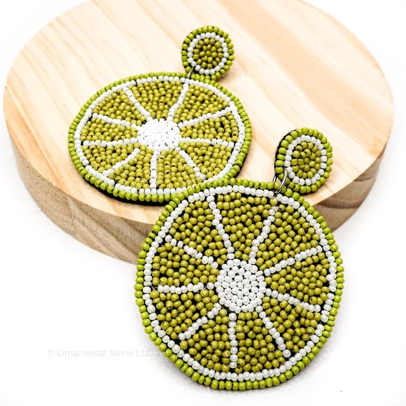 Ornamental Stone Jewelry - Lime Slice Beaded fruit Statement Earrings Green